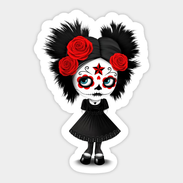 Shy Big Eyes Day of the Dead Girl with Red Roses Sticker by jeffbartels